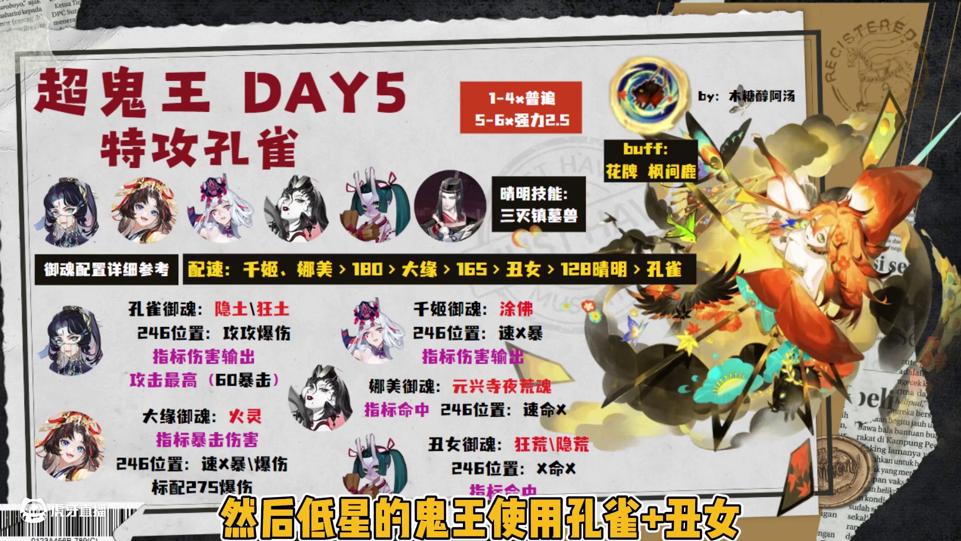 “歌留多”超鬼王第五天特攻式神阵容 SP紧那罗，孔雀登场。 5-6星采用SP紧拔萝卜打法
1-4星采