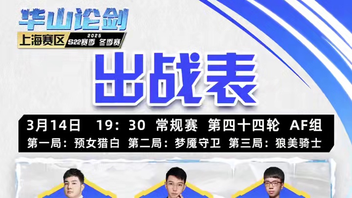 华山论剑狼人杀S22常规赛第四十四轮出战表来袭！
人气爆棚奇迹狼行，许久未见鱼乐会铆钉鱼，沉稳出击甩