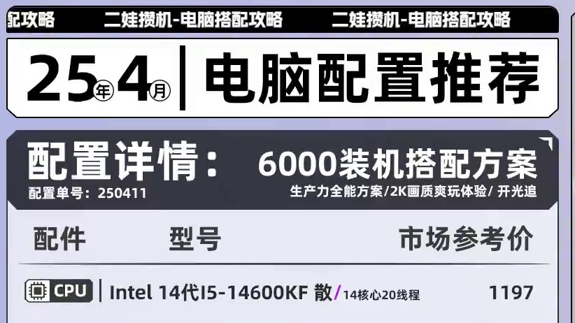 6千预算封神配置！性能炸裂+颜值拉满，学生党闭眼冲！ 2025年4月6千价位段装机配置单。i5 14