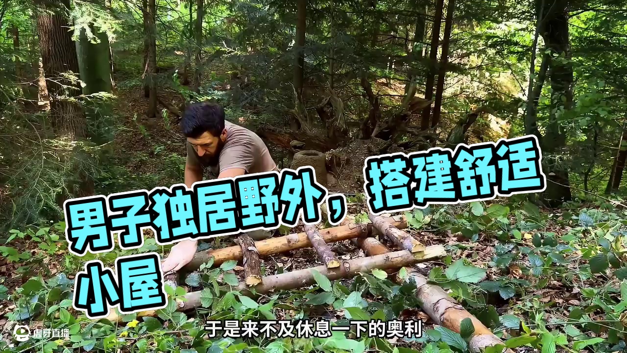 第2集：荒无人烟的野外，男人在一个枯木下搭建了舒适的小屋