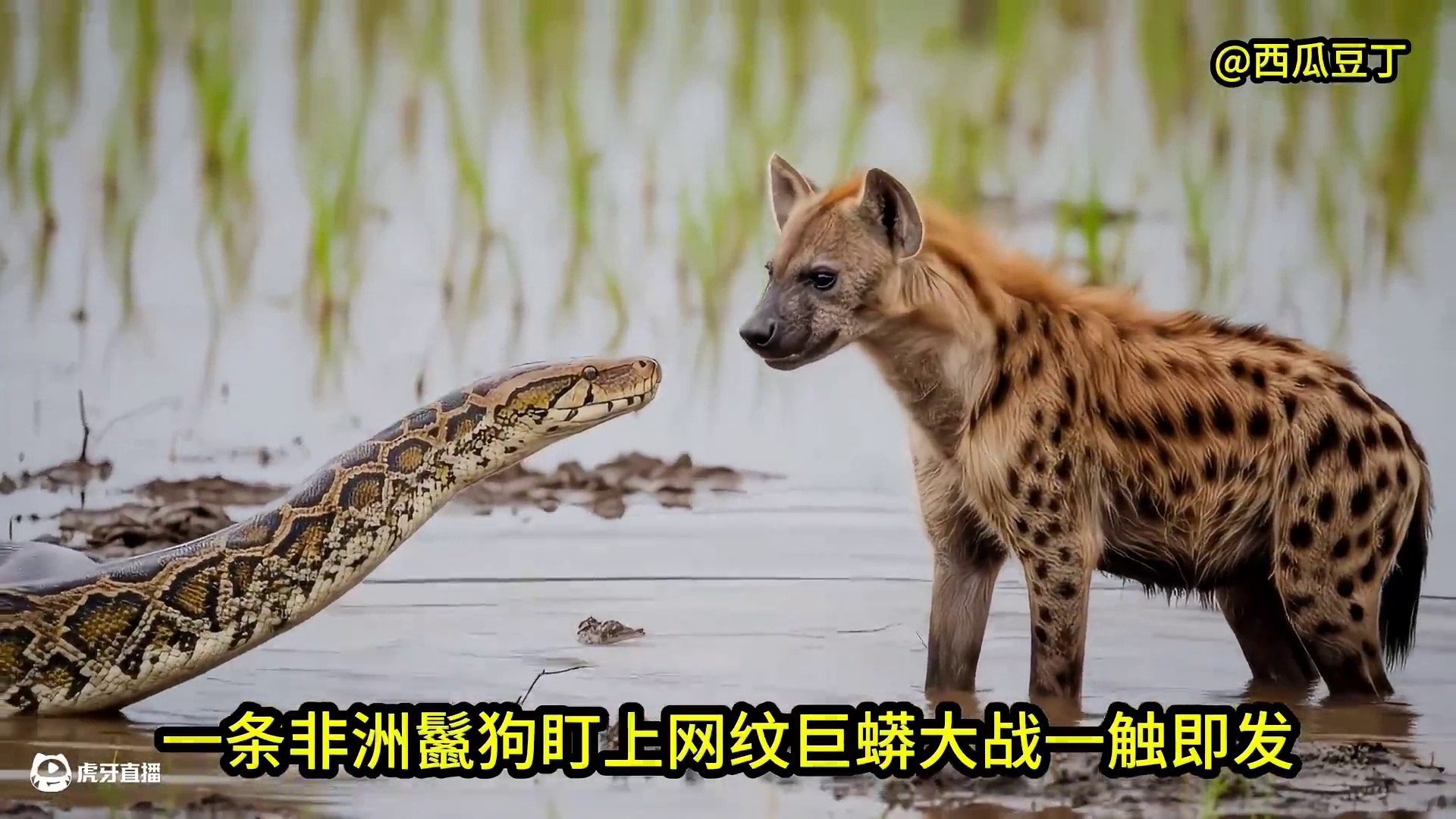 非洲鬣狗与巨蟒的遭遇战，刚开始二哥占据上风，但很快就败下阵来 #非洲鬣狗 #非洲二哥 #巨蟒 #蟒蛇