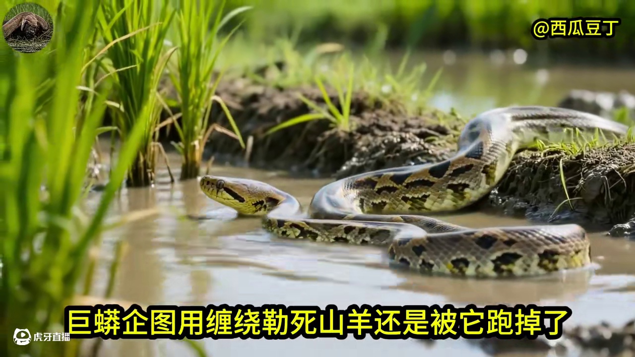 一条巨蟒盯上一头山羊，巨蟒用缠绕勒死山羊，最后还是被跑掉了！ #巨蟒 #山羊 #野生动物零距离 