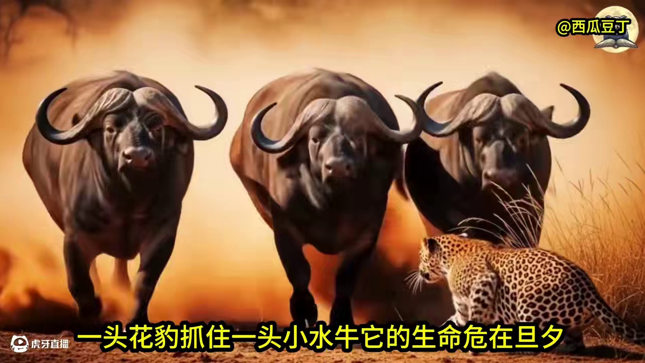 花豹抓到一头小牛生命危在旦夕，信的牛群及时出现花豹命丧牛群中 #花豹 #水牛 #动物世界 #动物科普