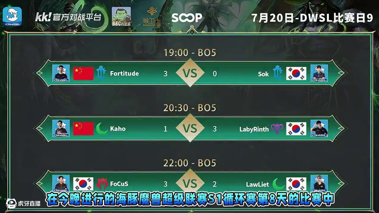 浪漫胜Sok，Laby胜Kaho，FoCuS胜Lawliet 7月20日DWSL魔兽争霸超级联赛循环