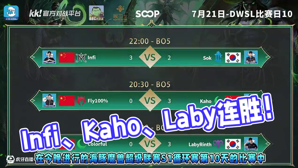 Infi胜Sok，Kaho胜Fly，Laby胜彩色！ 7月21日DWSL魔兽争霸超级联赛循环赛第10