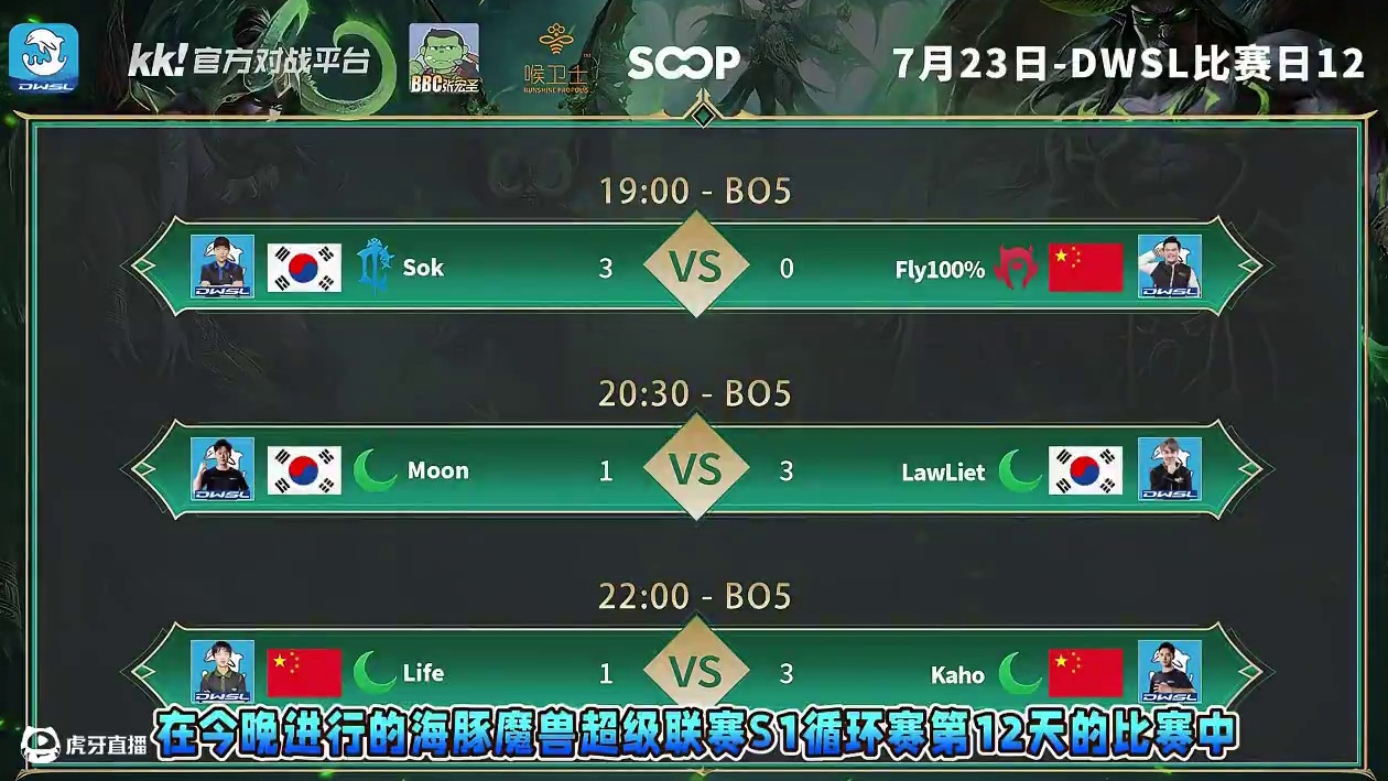 Sok胜Fly，Lawliet胜Moon，Kaho胜Life 7月23日DWSL魔兽争霸超级联赛循环
