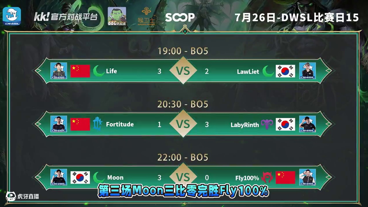 Life胜Lawliet，Laby胜浪漫，Moon胜Fly！ 7月27日DWSL魔兽争霸超级联赛循环