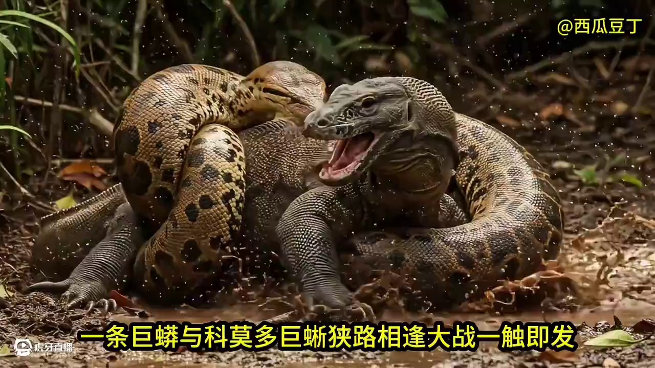 巨蟒与科莫多龙狭路相逢，巨蟒的缠绕无用功，被巨蜥咬的皮开肉绽 #科莫多巨蜥 #科莫多龙 #巨蟒 #蟒
