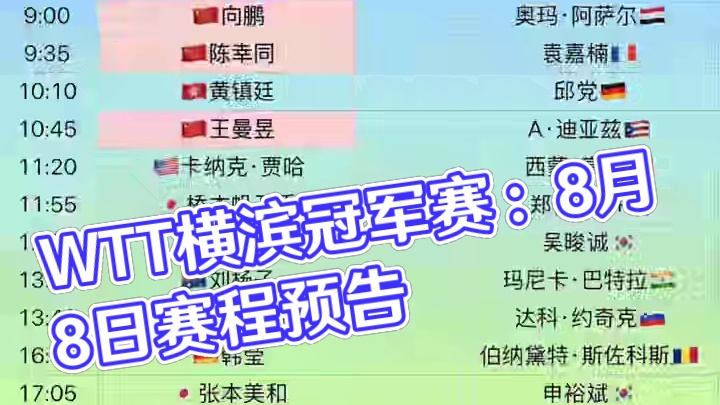 WTT横滨冠军赛 #乒乓球 #比赛现场 
8月8日赛程预告
