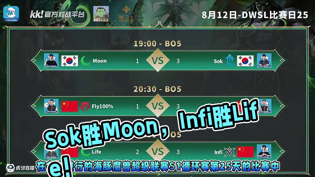 Sok胜Moon，彩色胜Fly，Infi胜Life！ 8月12日DWSL魔兽争霸超级联赛循环赛第25