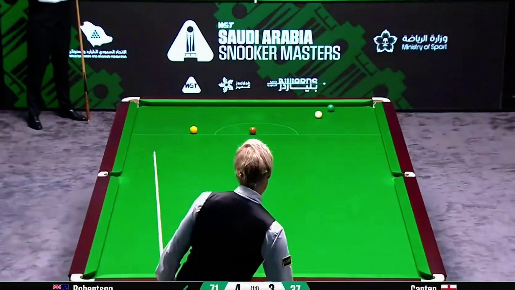 沙特大师赛，落后34只剩35，卡特大心脏75-71绝杀，罗伯逊心如刀割#斯诺克 #赵心童 #奥沙利文