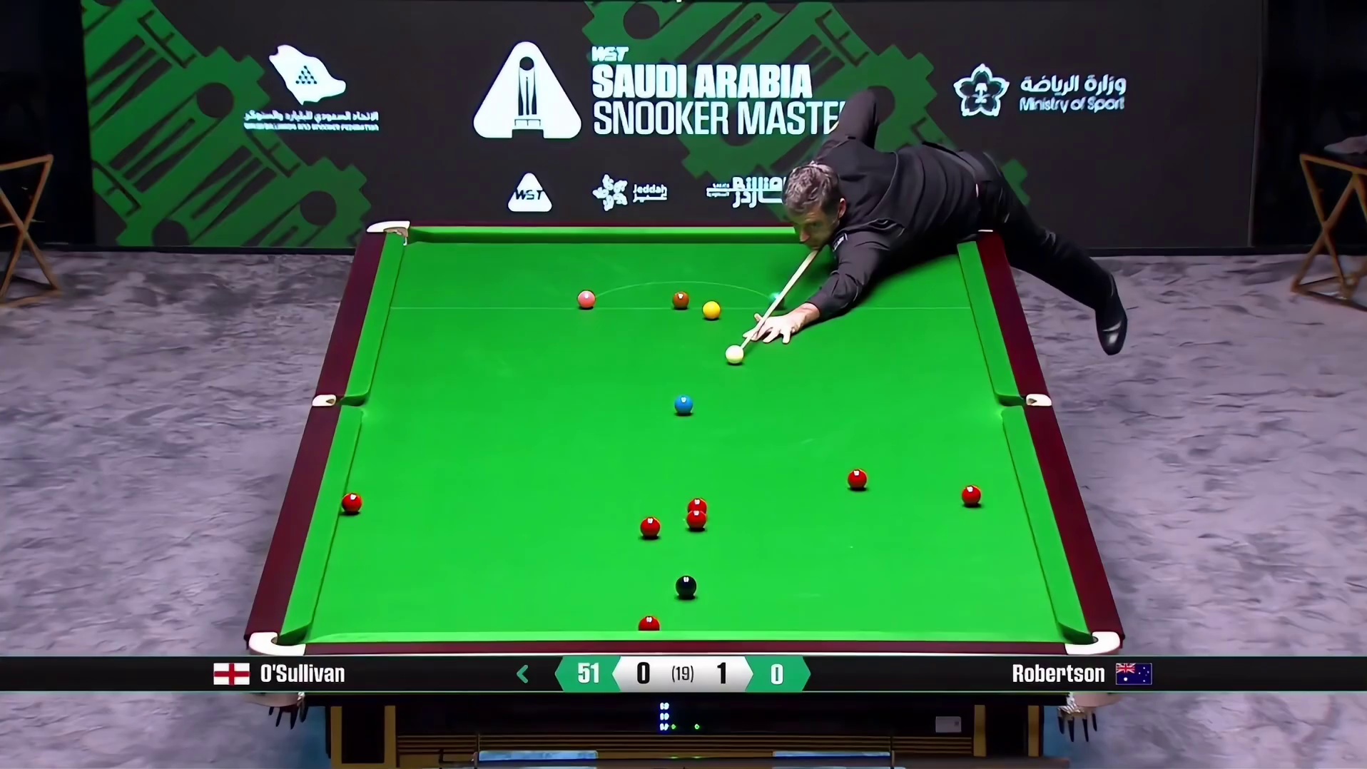 沙特大师赛决赛，奥沙利文单杆92分追平，两人状态都很不错