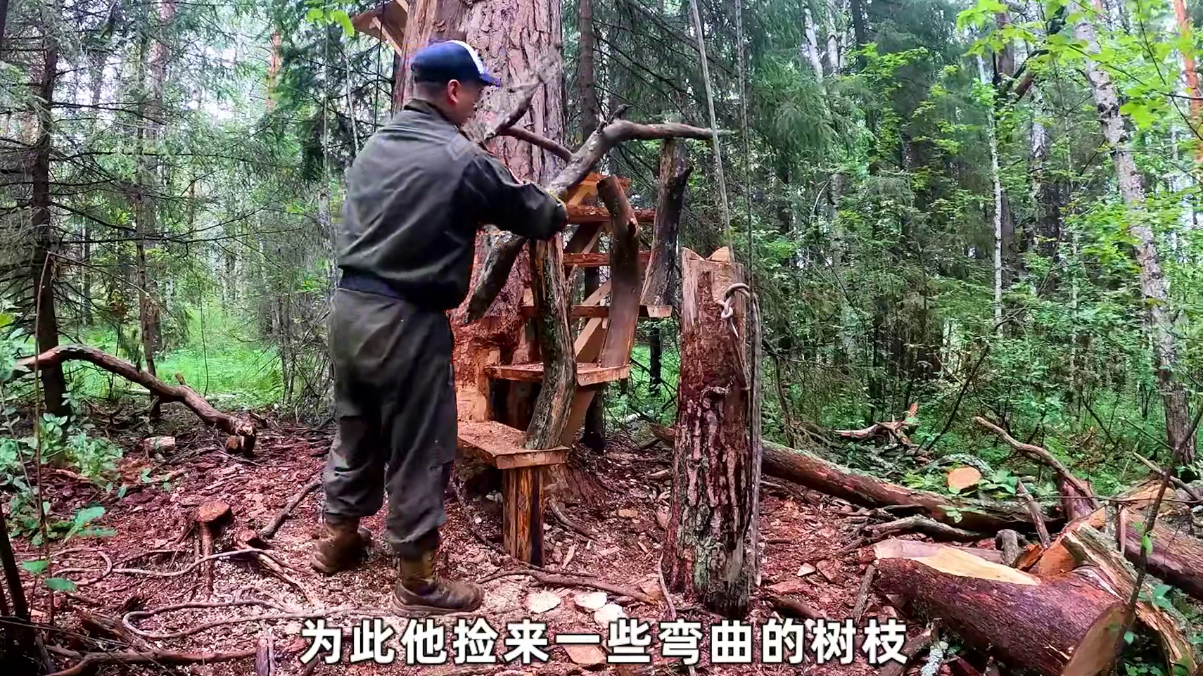 男人在几十米高大树上建造豪华树屋抵御暴风雪，住里面温暖舒适又安全#木屋建造  #荒野建造  #纪录片