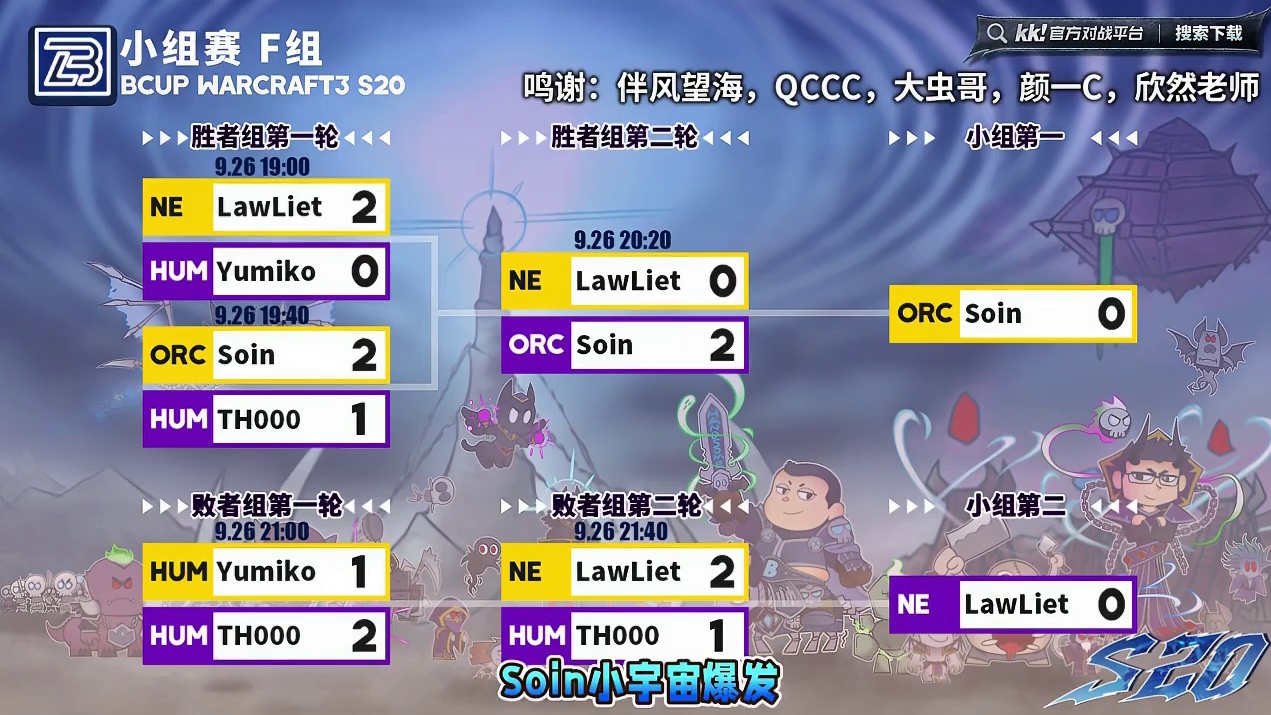 Soin，Lawliet晋级淘汰赛！ 9月26日Bcup魔兽争霸赛第20赛季F组战报，BMN解说！
