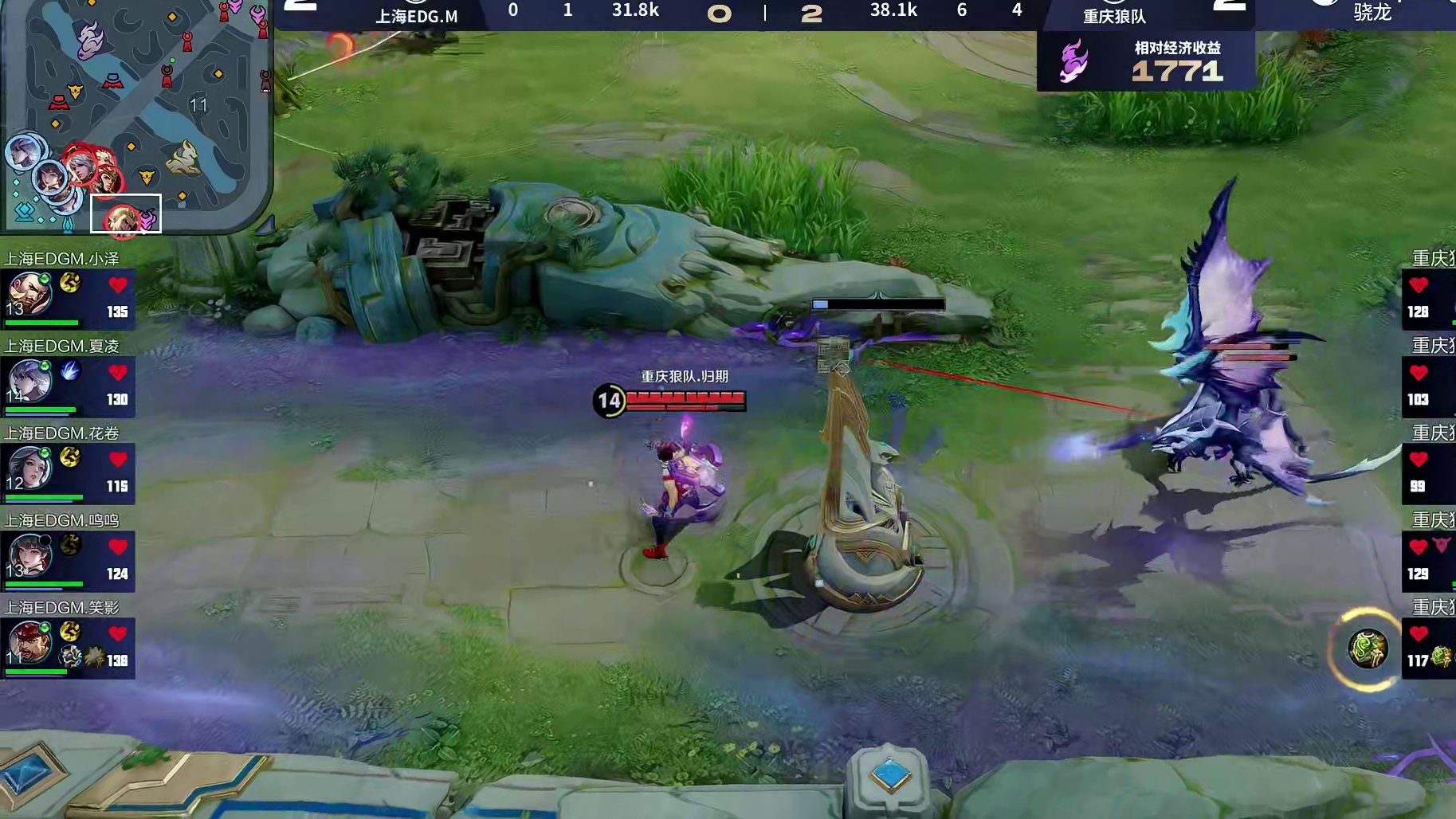 一笙苏烈二技能将廉颇推回，狼队众人集火击杀廉颇