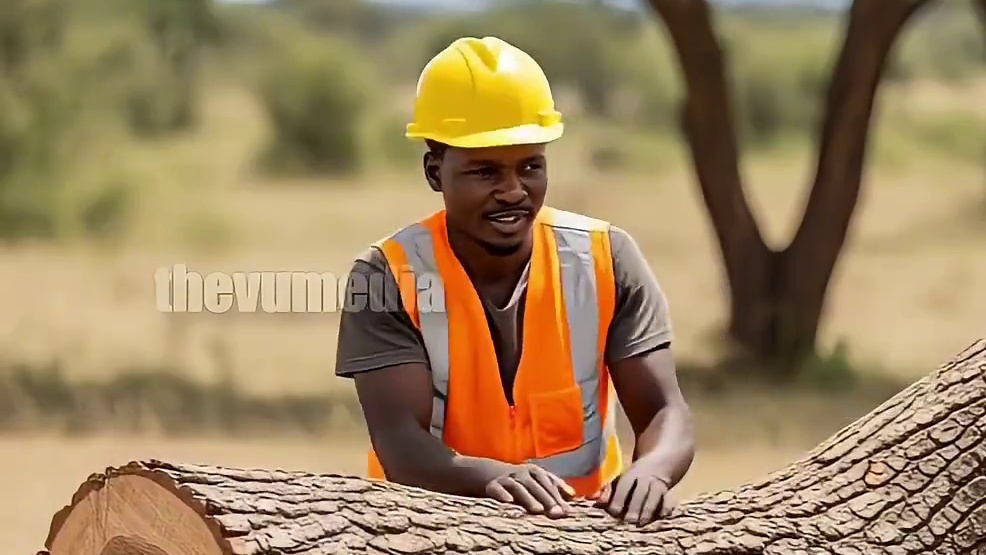 长颈鹿被倒塌的大树压住，救援人员用电锯锯断树木，把长颈鹿救出