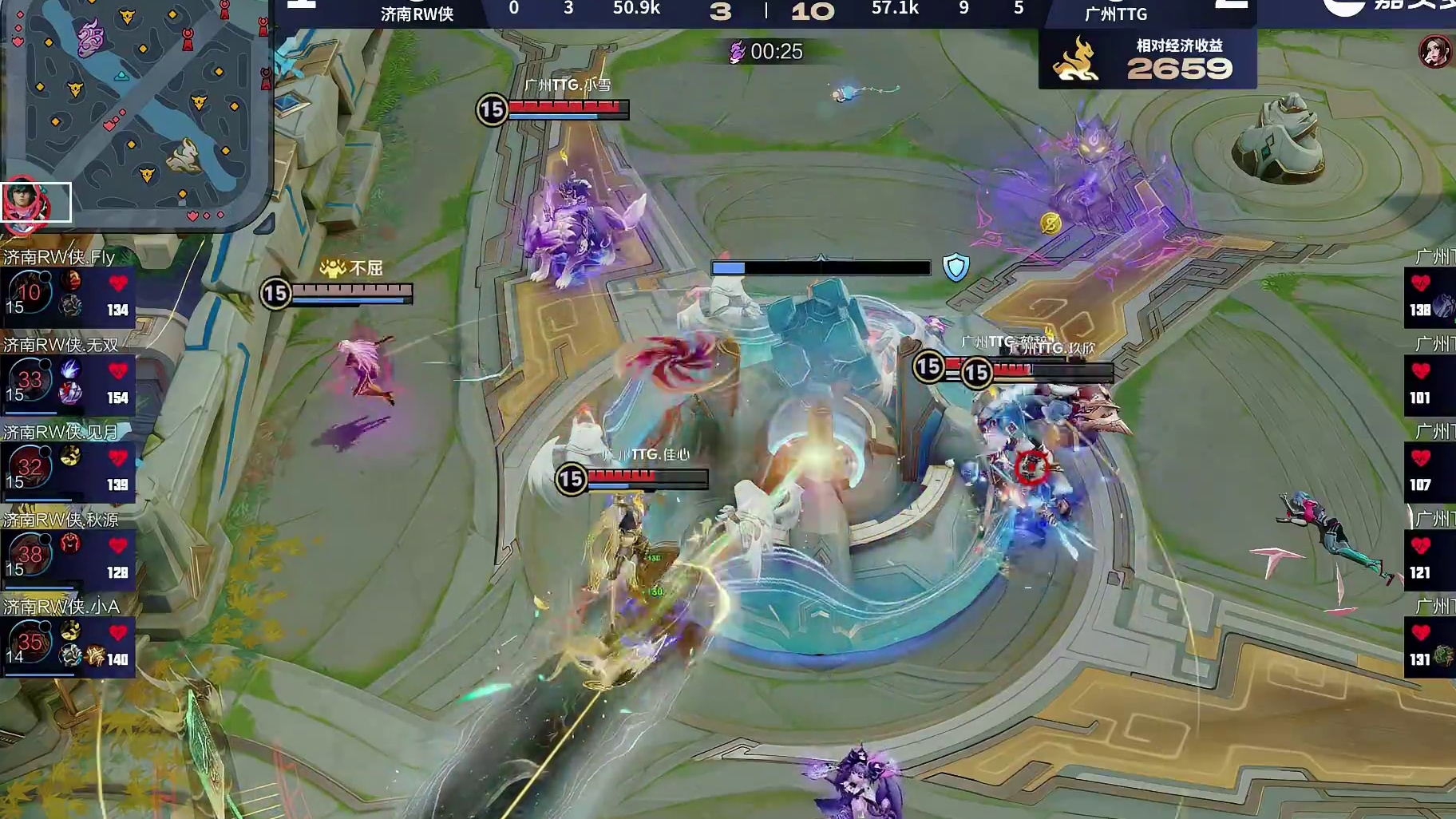 TTG四打五进攻RW侠水晶，击杀Fly关羽后点掉对面水晶