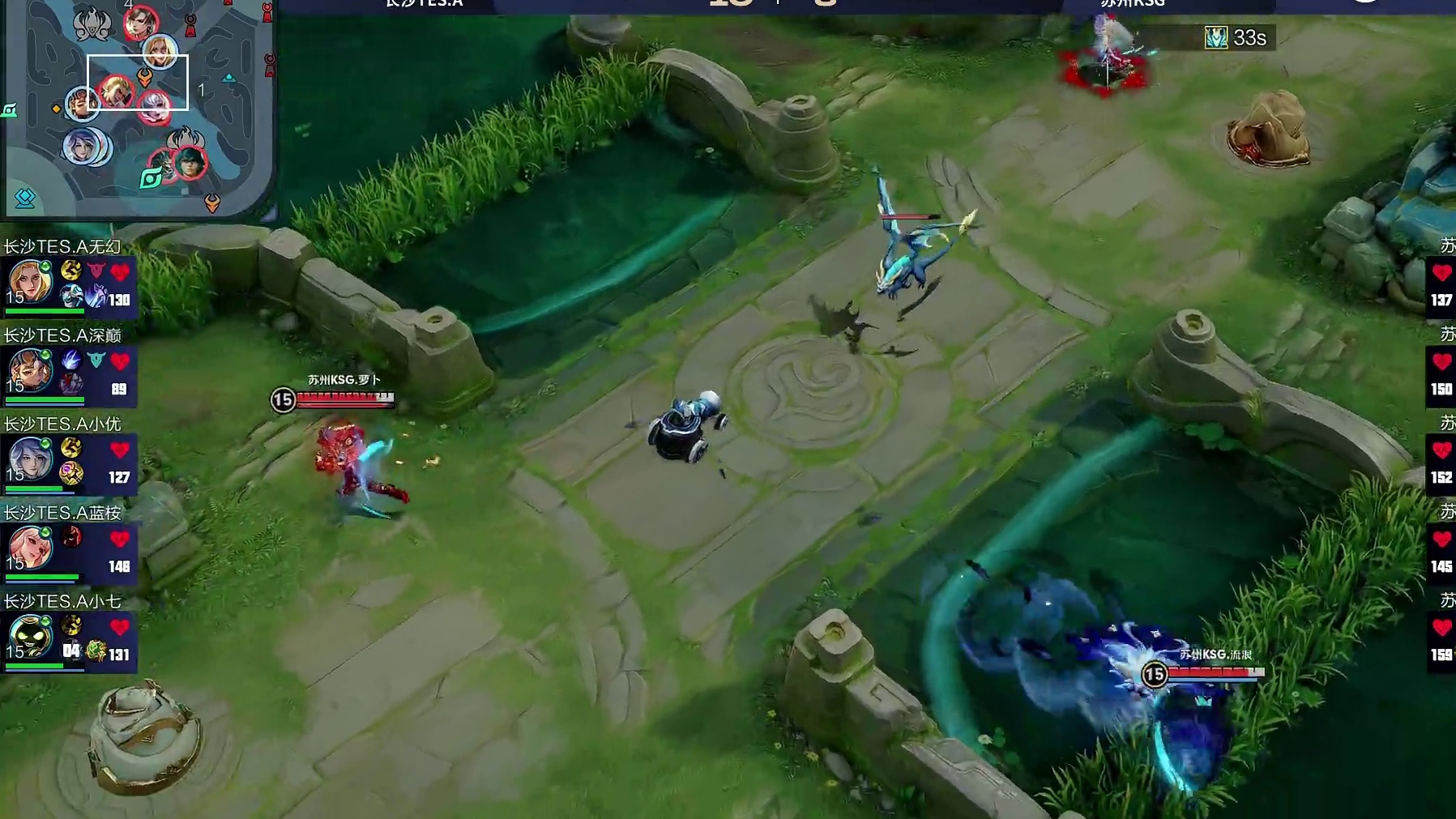 KSG带着龙王buff团战打出一换三后点掉水晶，挺进淘汰赛