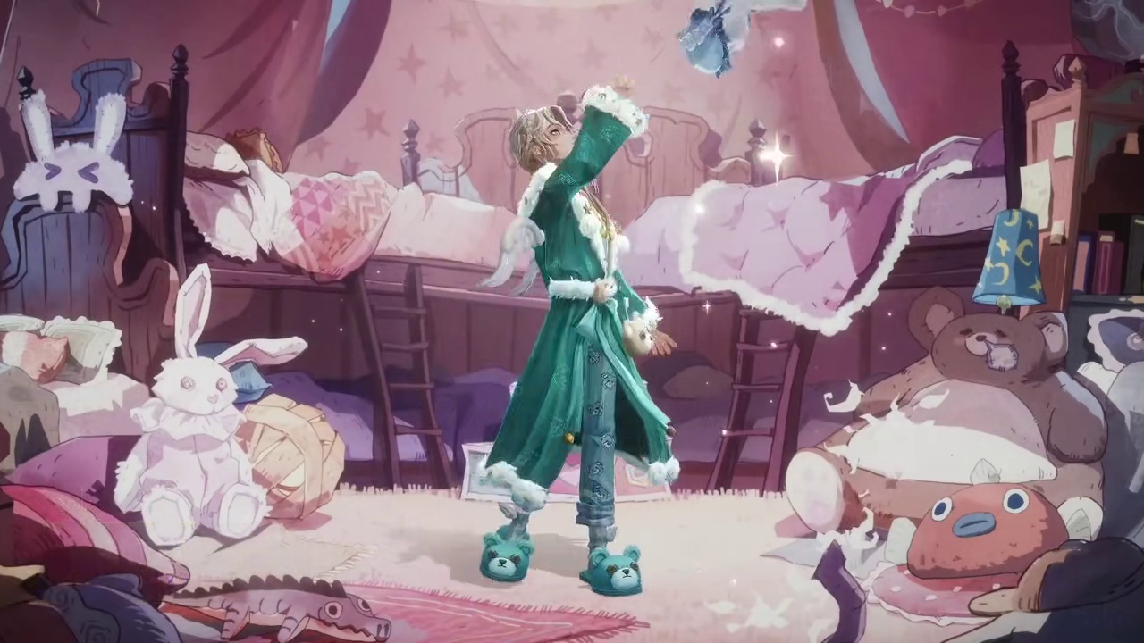 ✦全新时装「绵绒甜梦」·鉴赏✦ 小雪鸮踱步于幽邃的回廊，陌生门扉中，小巫师身披绒羽般柔软的睡袍，正沉