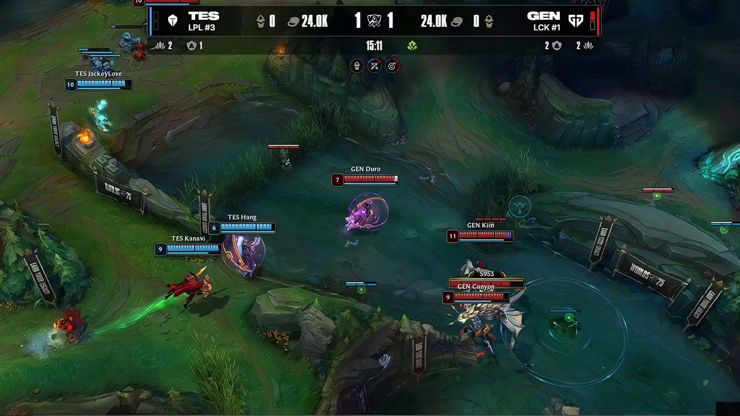GEN团战完美拉扯，TES被打出1换5