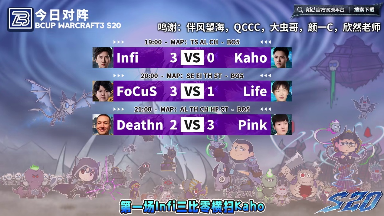 Infi胜Kaho，FoCuS胜Life，Pink胜死亡笔记 10月29日Bcup魔兽争霸赛第20赛