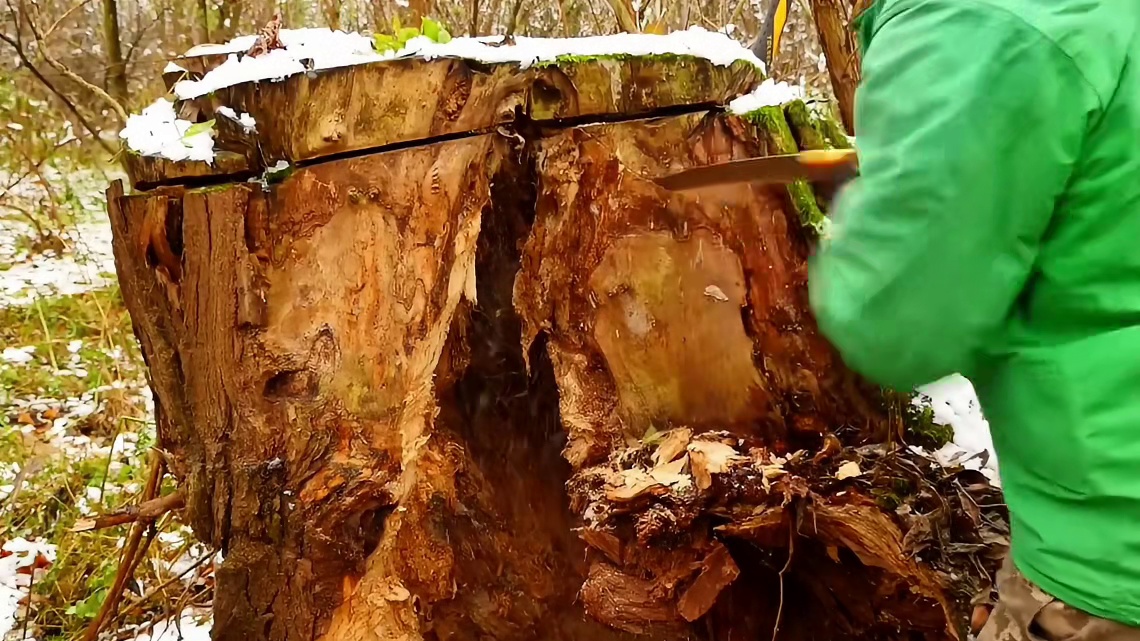 第1集：冰天雪地的天气，男人在一棵枯木里搭建了舒适的小屋