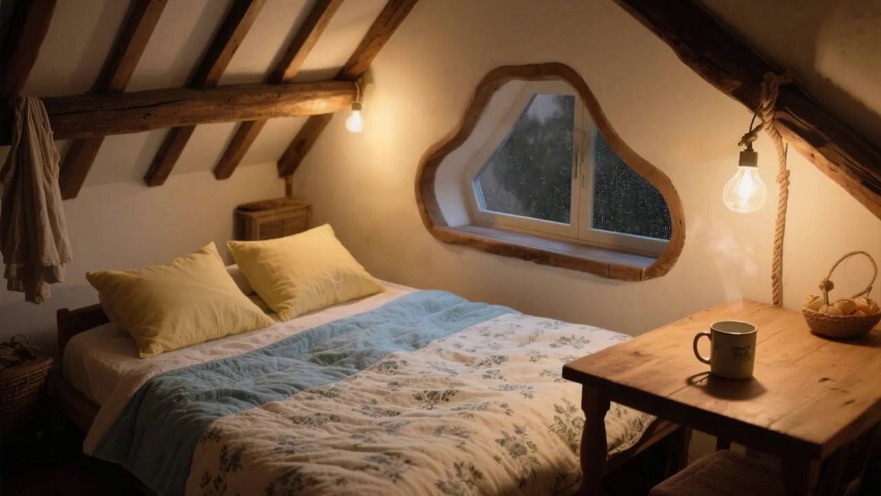 暴雨和狂风来袭，阁楼小屋温暖安静，聆听着风雨声入眠