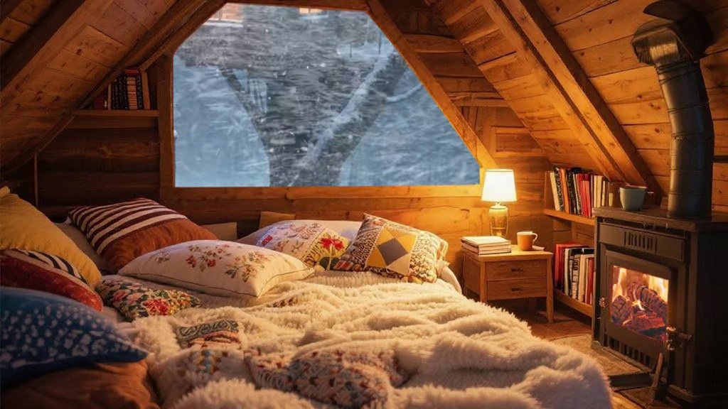 树屋里的暴风雪夜，温暖的小屋和吼叫的风雪声