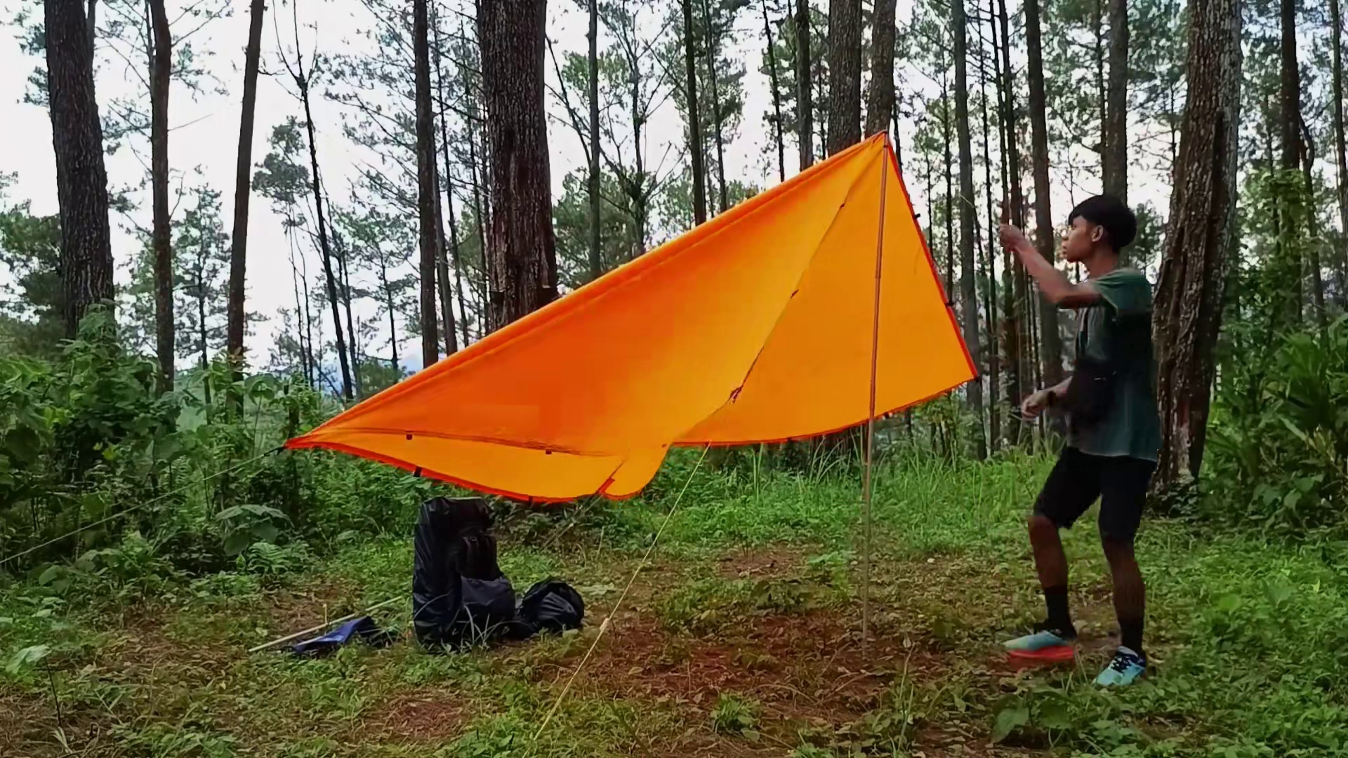 在森林深处搭帐篷时遭遇暴雨️在暴雨和雷鸣中露营