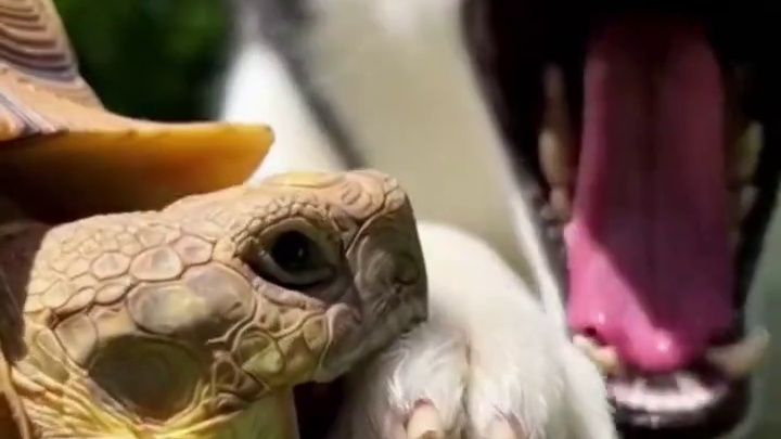 二哈用爪子狂拍鳄龟脑袋，当鳄龟一口咬住它爪子后，大家憋住别笑 #二哈