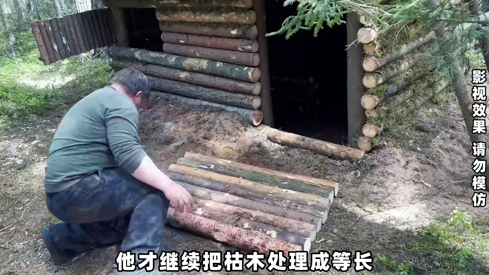 今天奥拉夫安装好门窗后，把观景台搭建好并围出篝火堆 #野外建造 #野外露营 #解压