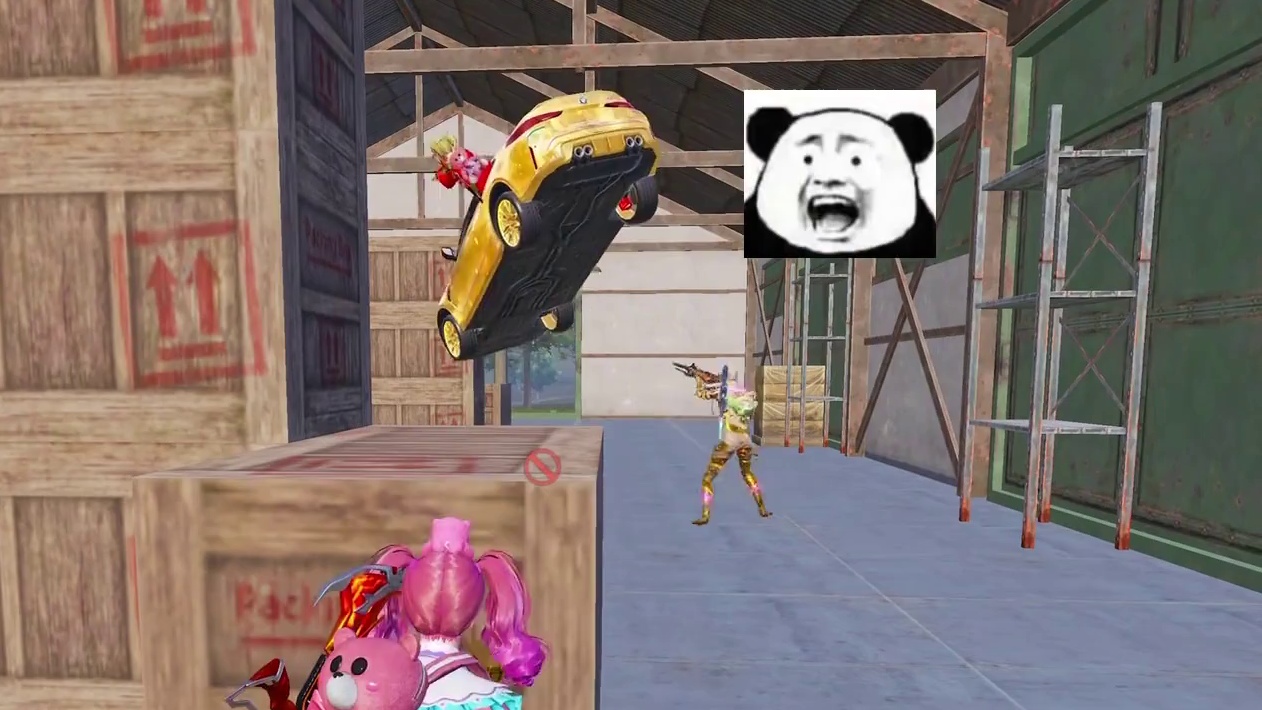 在仓库苟分，居然遇到敌人把车开着挂起来了哈哈哈， 直接扔燃烧瓶偷袭他们！#和平精英带出来的兵 #怼友