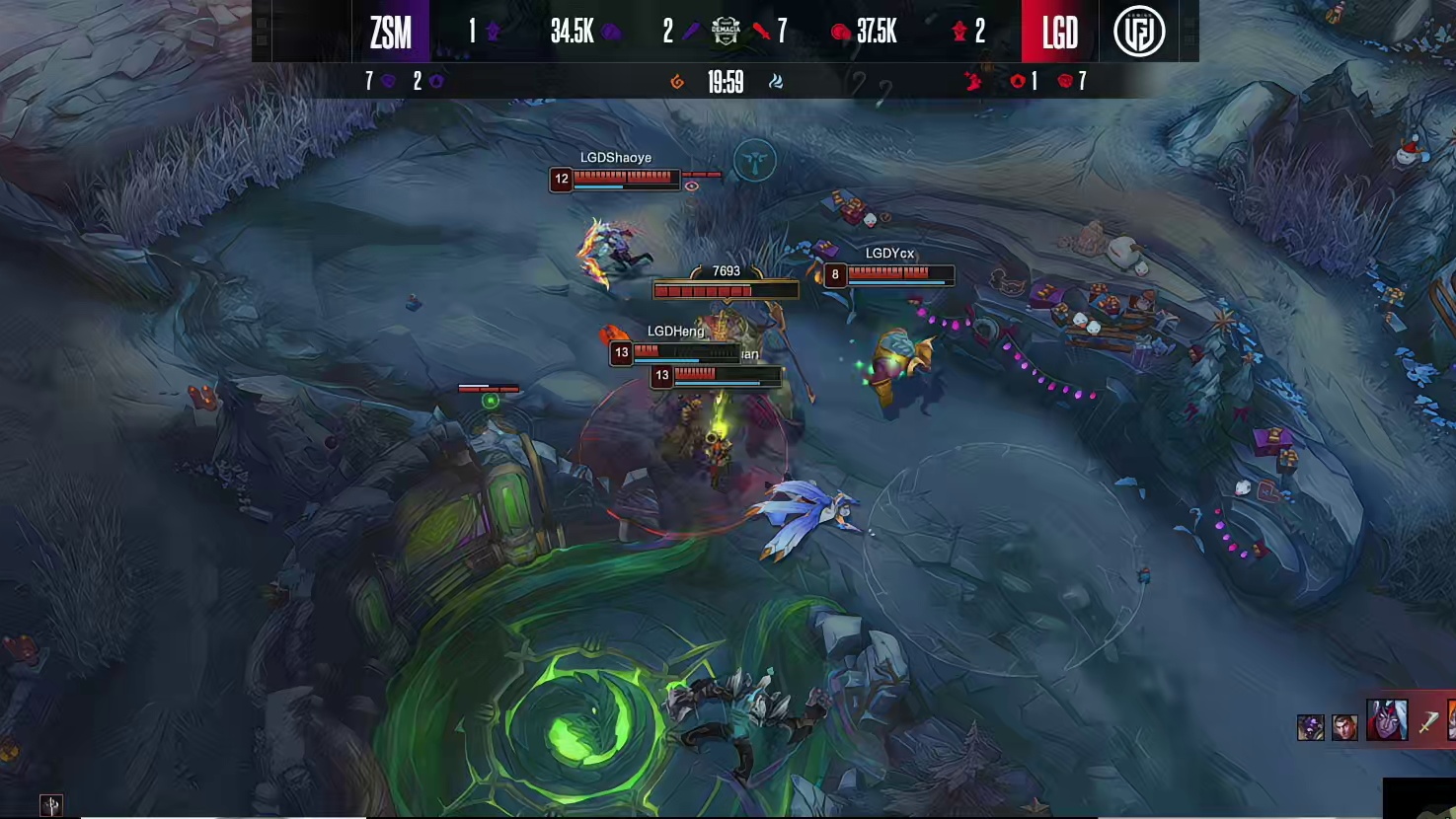 【第一局】sasi石头人被开回身大招击飞三人，LGD打出1换3后拿下小龙