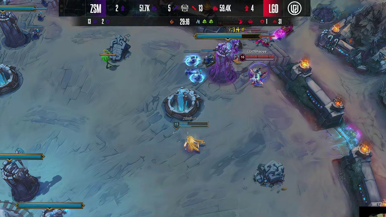 【第一局】LGD率先拿下大龙，sasi石头人化身城墙，LGD打出1换2后推掉中路