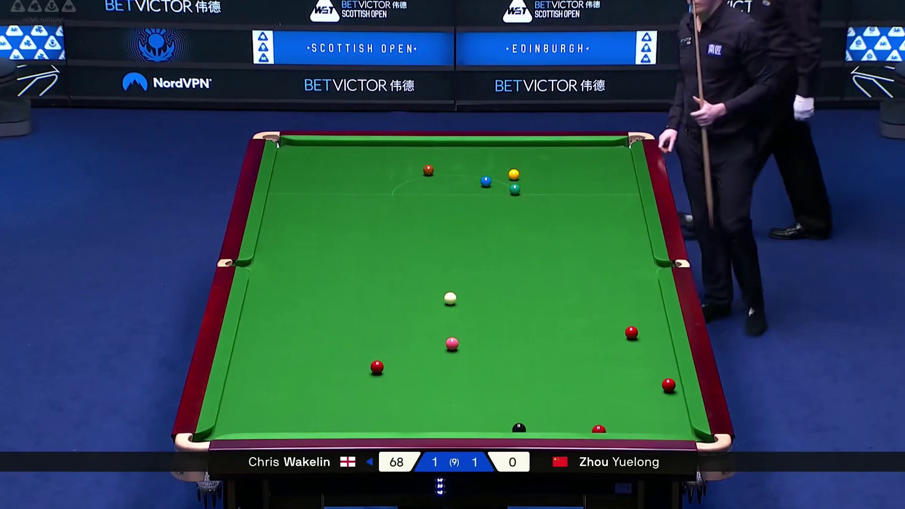 2025斯诺克苏格兰公开赛！8进4，周跃龙VS韦克林。第三局下