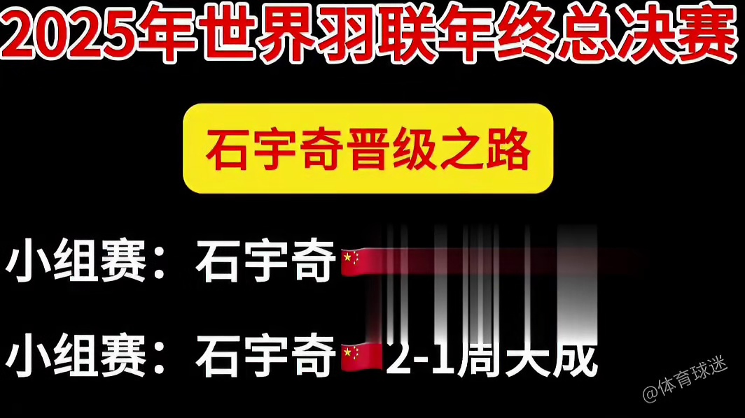 男单半决赛，石宇奇2比0战胜昆拉武特晋级，比分21-16、21-13。决赛将对阵小波波夫。 总决赛石宇奇晋级之路