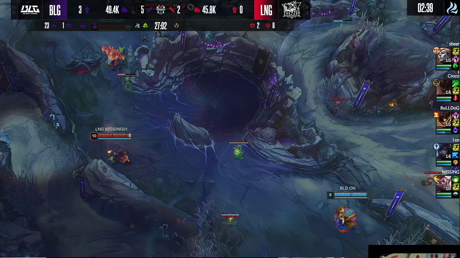 【第一局】LNG偷大龙被发现，Bin塞恩三杀，BLG打出1换4后拿下小龙