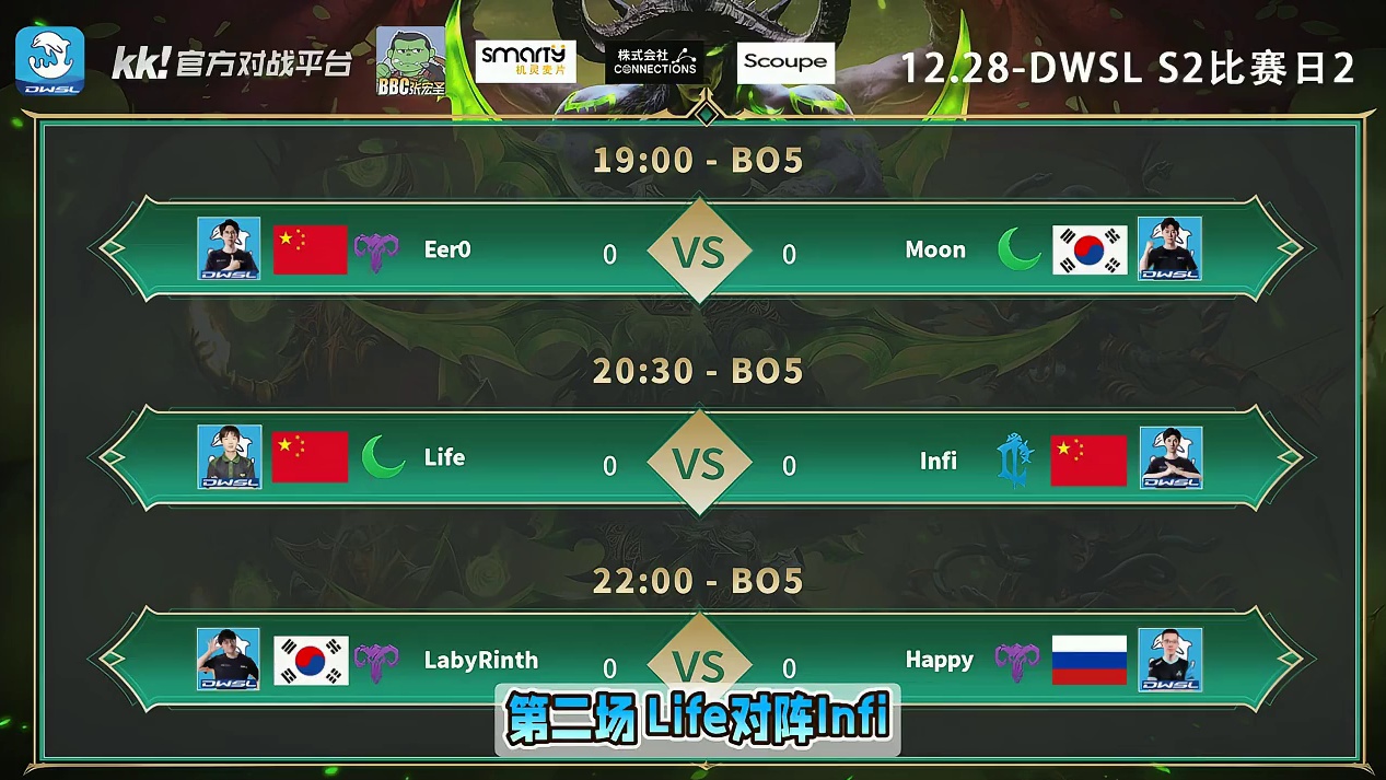 eer0对Moon，Life对Infi，Laby对Happy 12月28日19点直播DWSL魔兽争霸