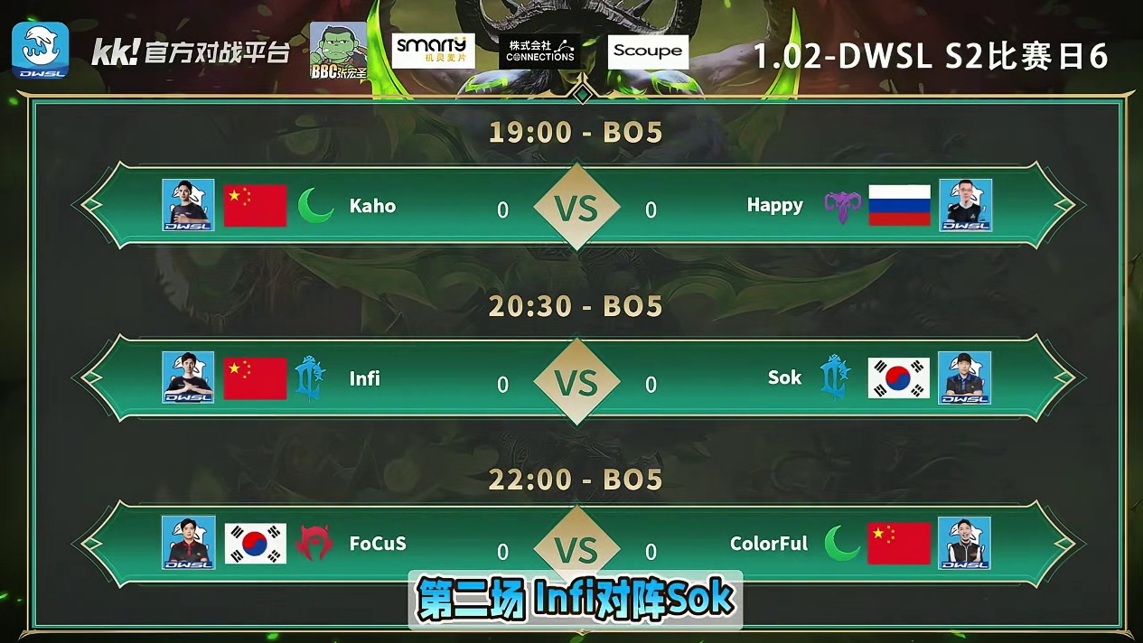 Kaho对Happy，Infi对Sok，FoCuS对彩色！ 1月2日19点直播DWSL魔兽争霸超级联