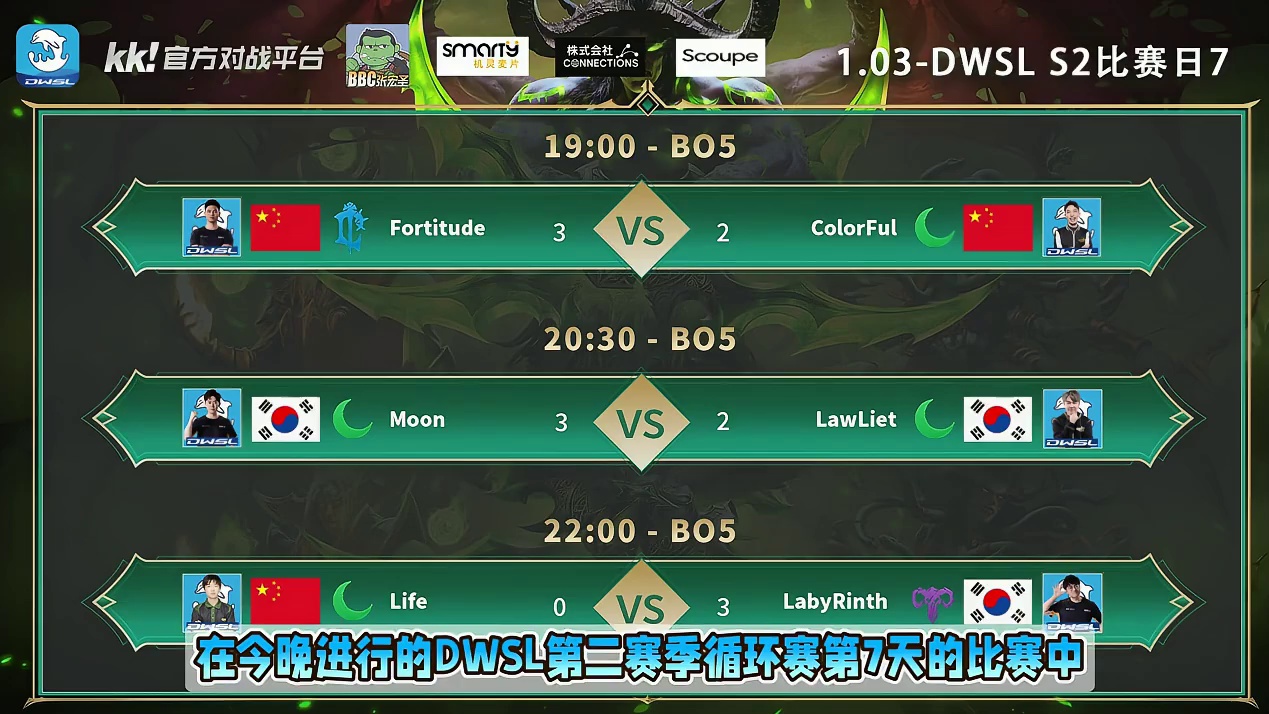 浪漫胜彩色，Moon胜Lawliet，Laby胜Life！ 1月3日DWSL魔兽争霸超级联赛S2第7