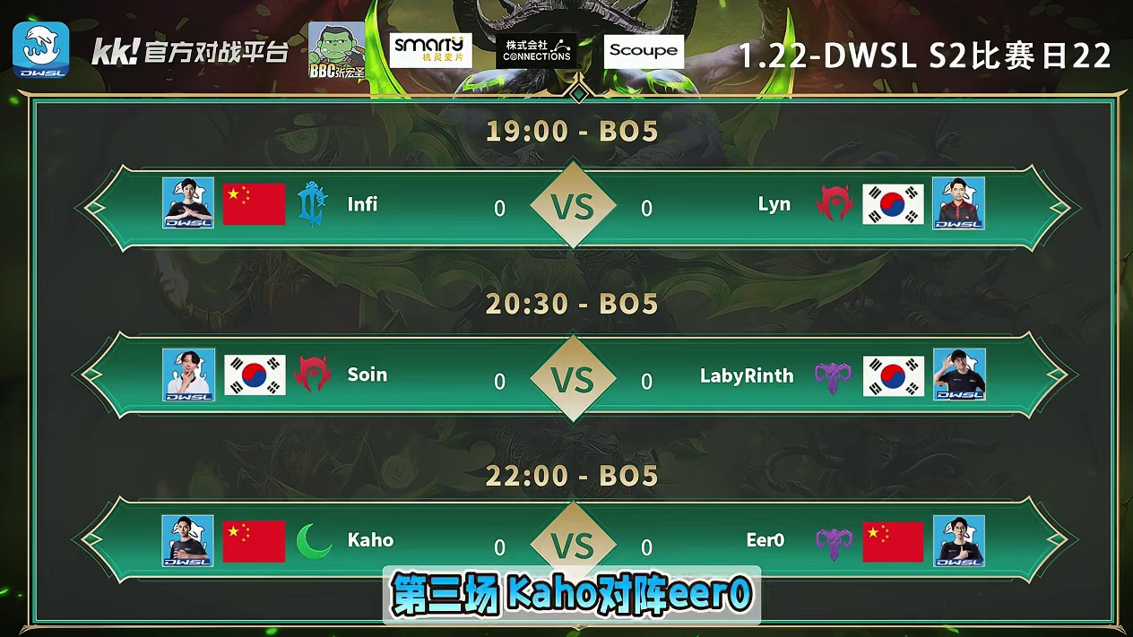 Infi对Lyn，Laby对Soin，Kaho对eer0！ 1月22日19点直播DWSL魔兽争霸超级