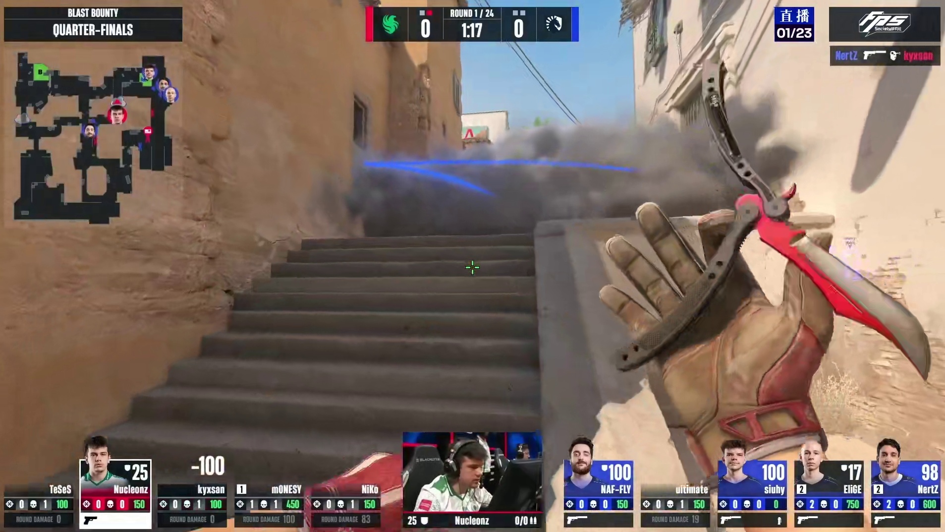 上半场手枪局，Liquid全歼对方取得回合胜利，Liquid 1:0 Falcons