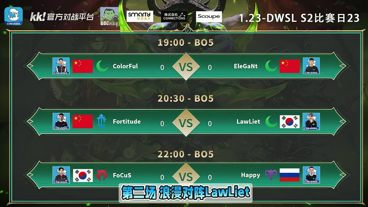 彩色对虎王，浪漫对Lawliet，FoCuS对Happy！ 1月23日19点直播DWSL魔兽争霸超级