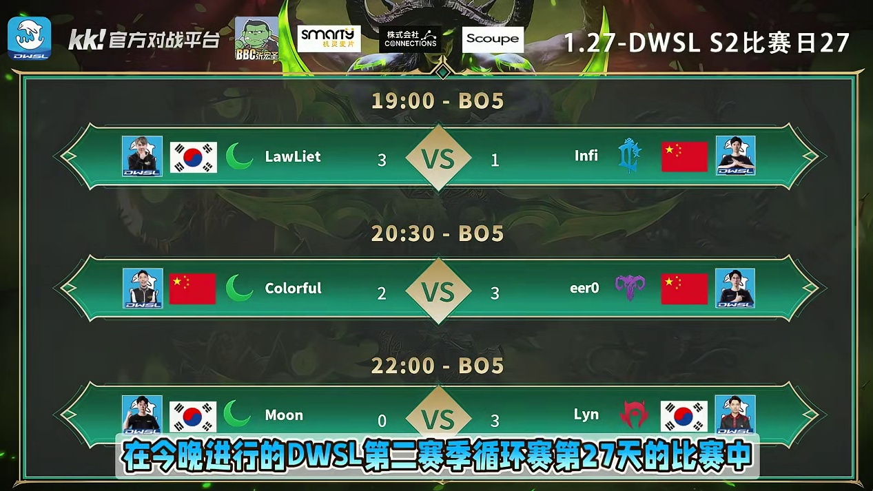 Lawliet胜Infi，eer0胜彩色，Lyn胜Moon！ 1月27日DWSL魔兽争霸超级联赛S2