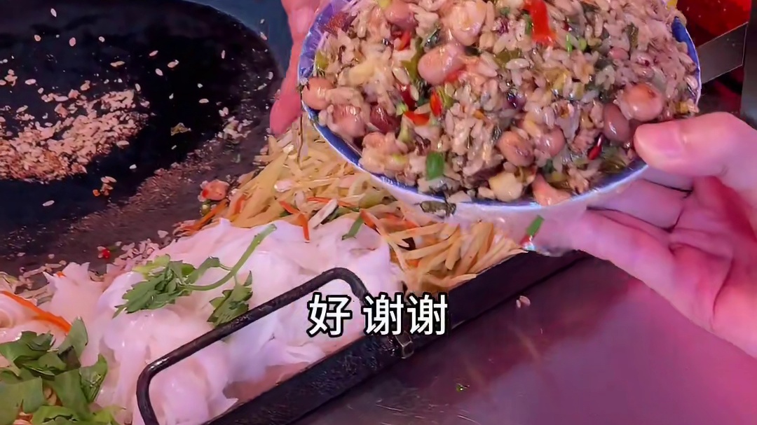 贵阳路边摊铁板酸菜豆米炒饭还有肉丝和脆哨，味道挺入味就是豆米硬了点