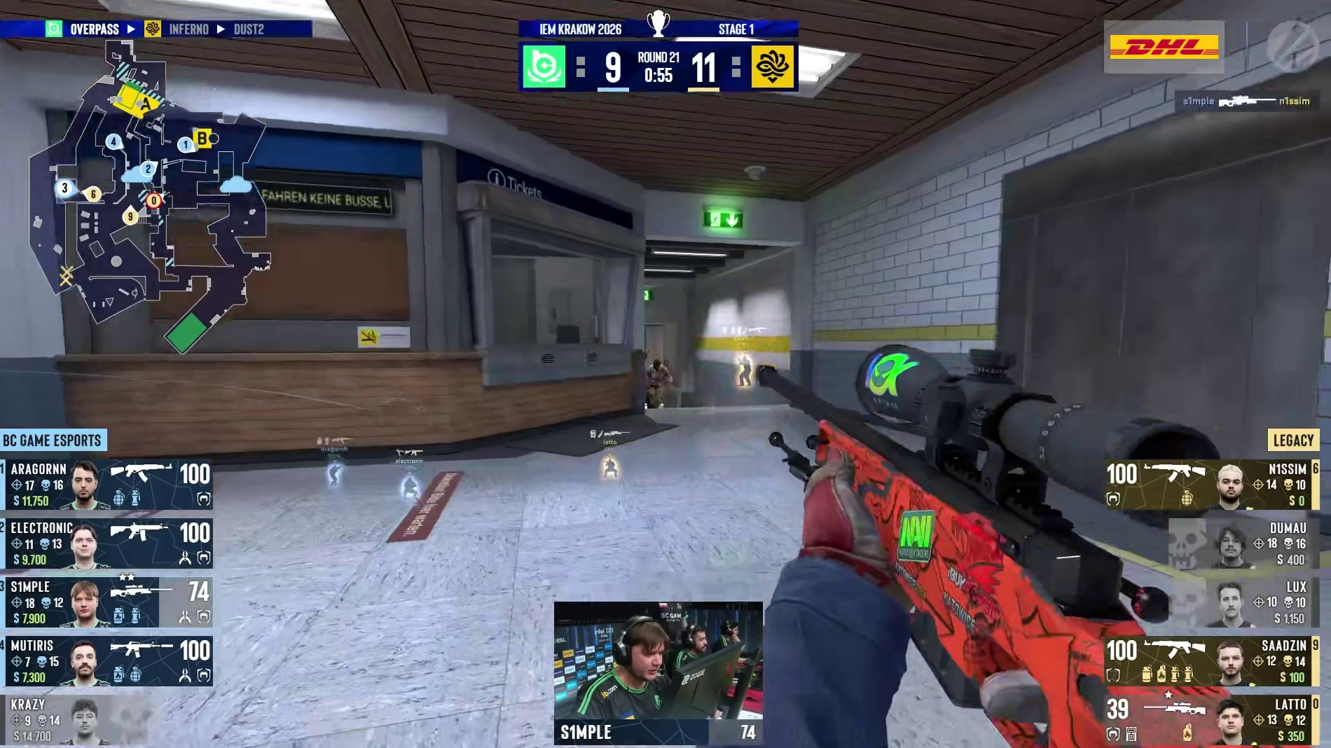 s1mple神级大狙三杀发挥，分差追至一分！