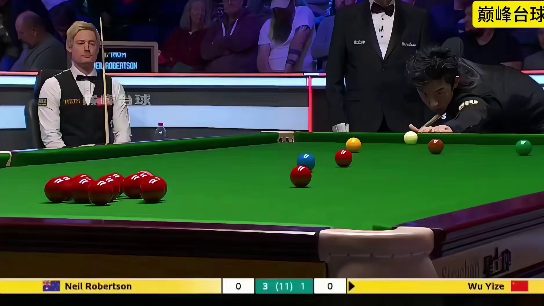 英锦赛八分之一决赛中，尼尔罗伯逊在先负一局的情况下打出6连鞭以6比1横扫吴宜泽，强势晋级八强！