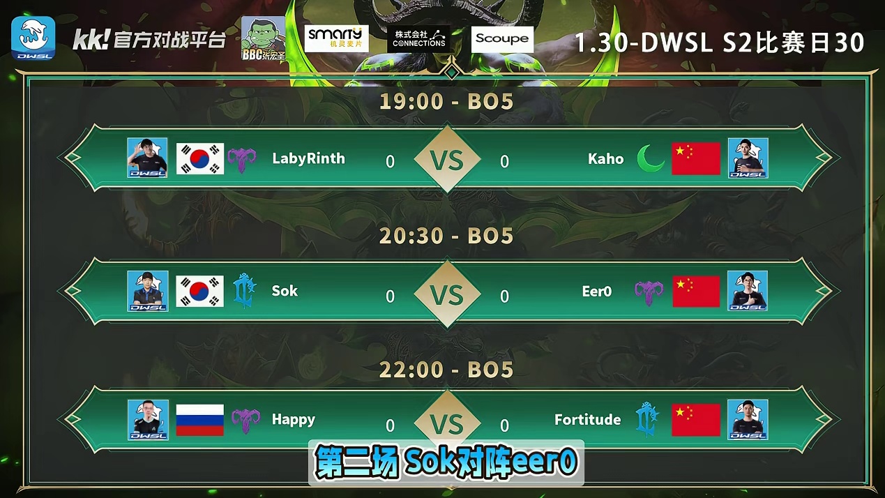 Laby对Kaho，Sok对eer0，Happy对浪漫！ 1月30日19点直播DWSL魔兽争霸超级联