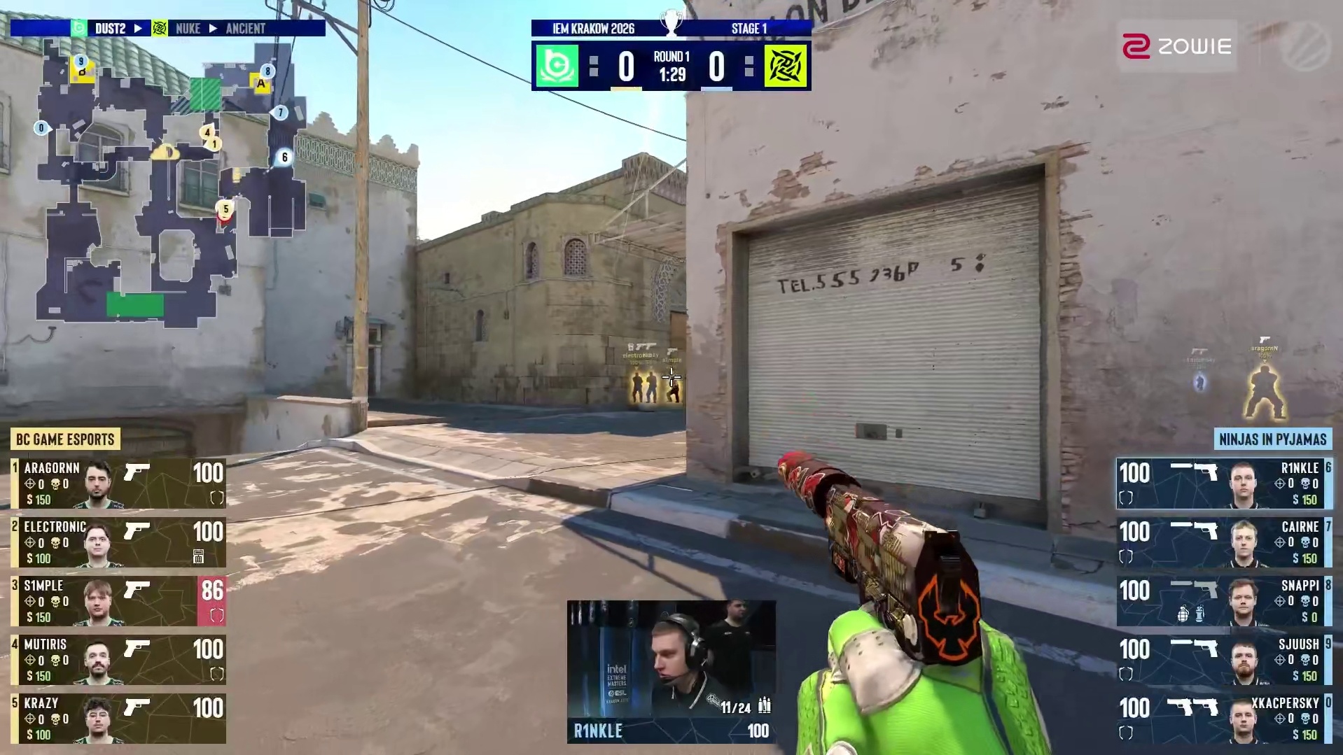 上半场手枪局，NIP全歼对方取得回合胜利，NIP 1:0 BC.G