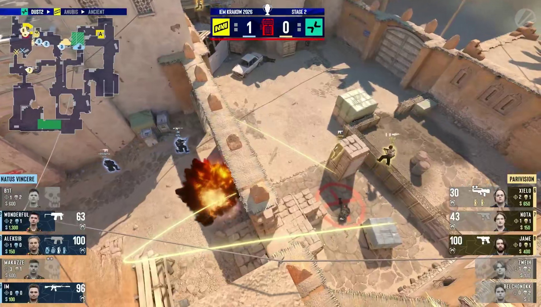 第二回合，PARIVISION选择强起迎战NAVI，Aleksib关键1v1残局助队再夺一分